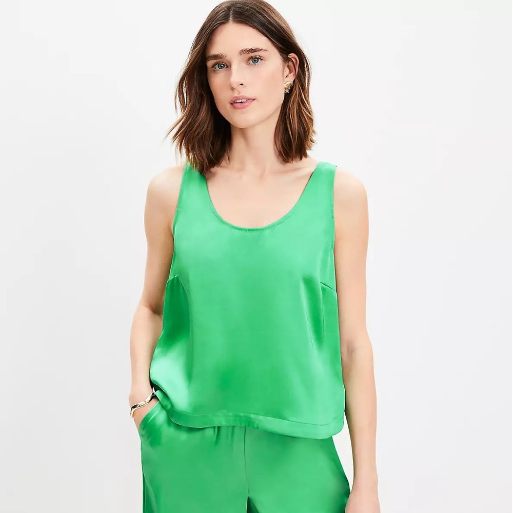 LOFT Women’s Satin Hi-Lo Hem Tank Top Bright Green Scoop Neck XS New